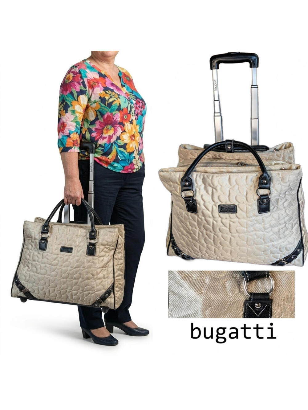 Bugatti Women Rolling Briefcase Quilted Beige Business Bag